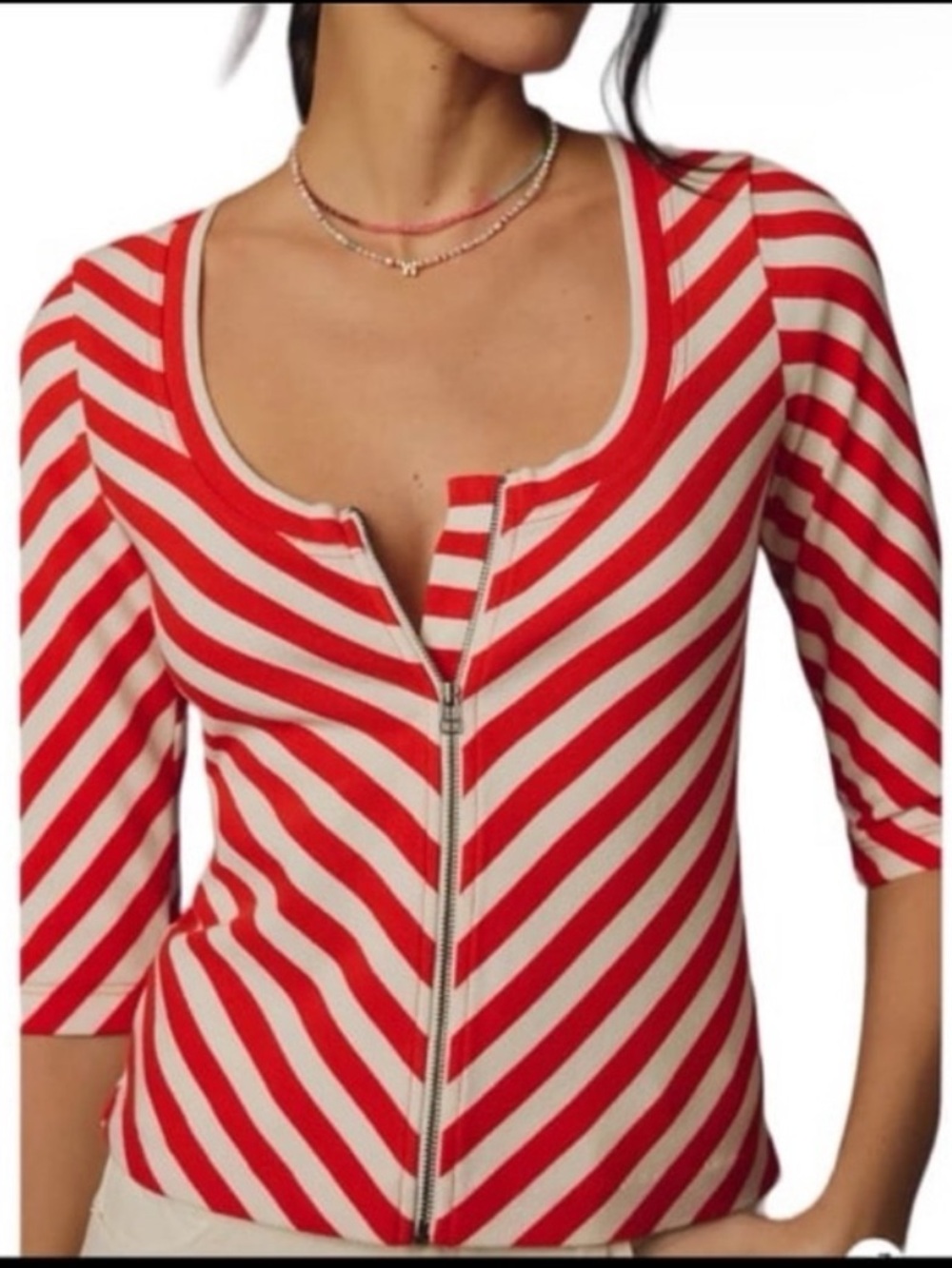 MAEVE BY ANTHROPOLOGIE FRONT-ZIP SCOOP-NECK BLOUSE//RED/ORNG & WHITE//SIZE LARGE